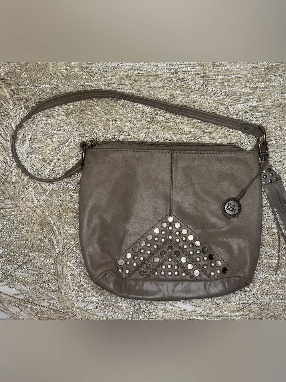 The Sak Indio Gray Leather Studded Tassel Hobo Shoulder Bag Boho